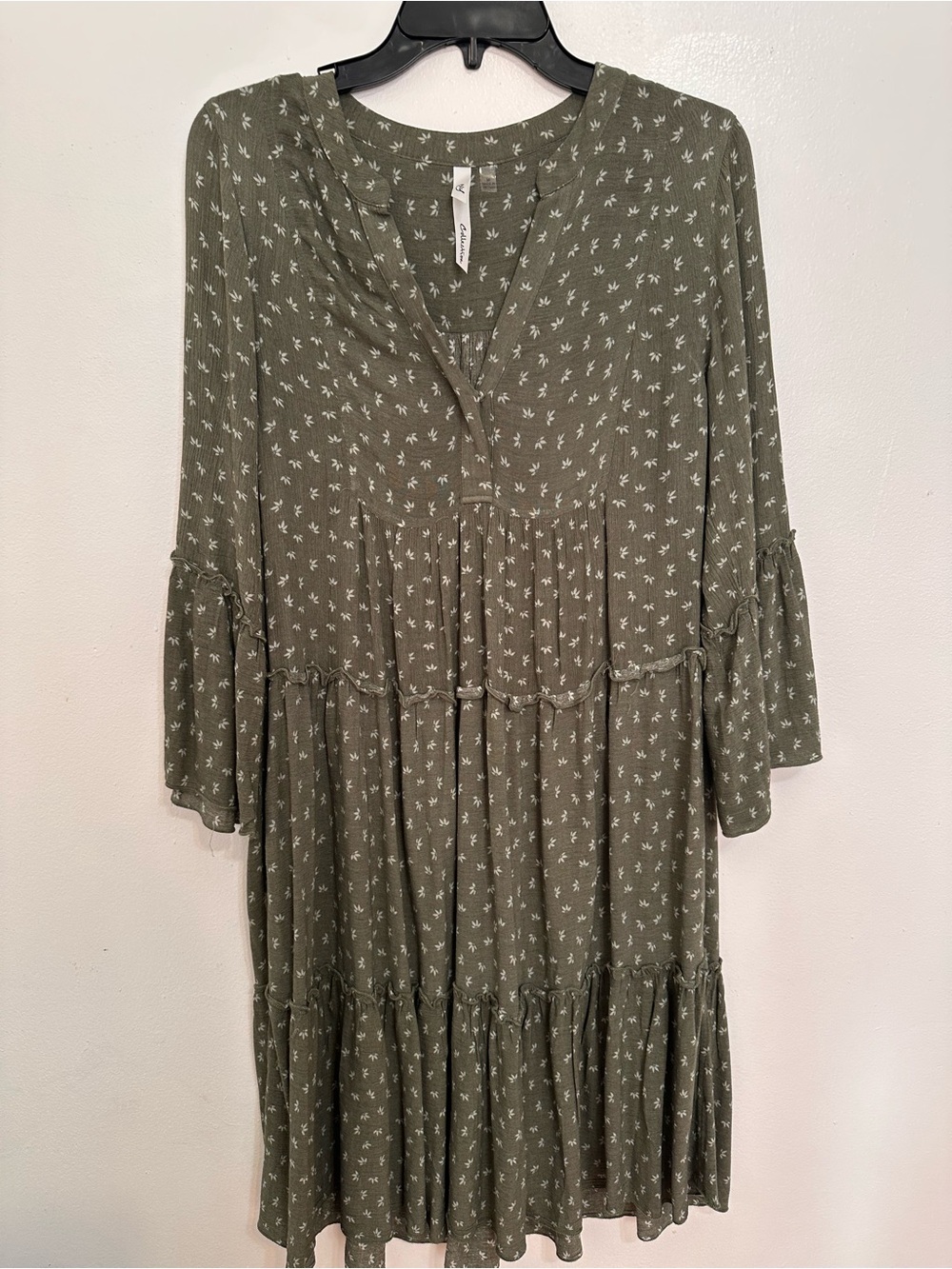 NY Collection Olive Green Floral Tiered Long Sleeve Dress